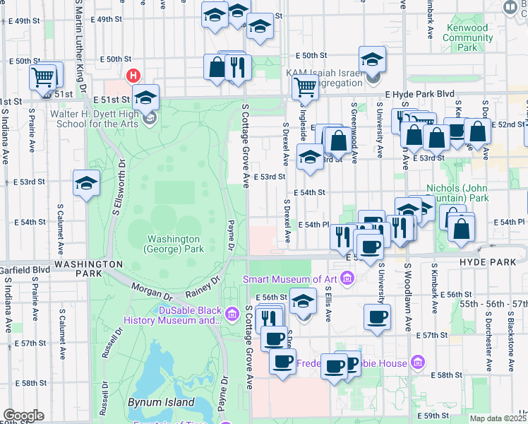 map of restaurants, bars, coffee shops, grocery stores, and more near 5350-5358 South Maryland Avenue in Chicago