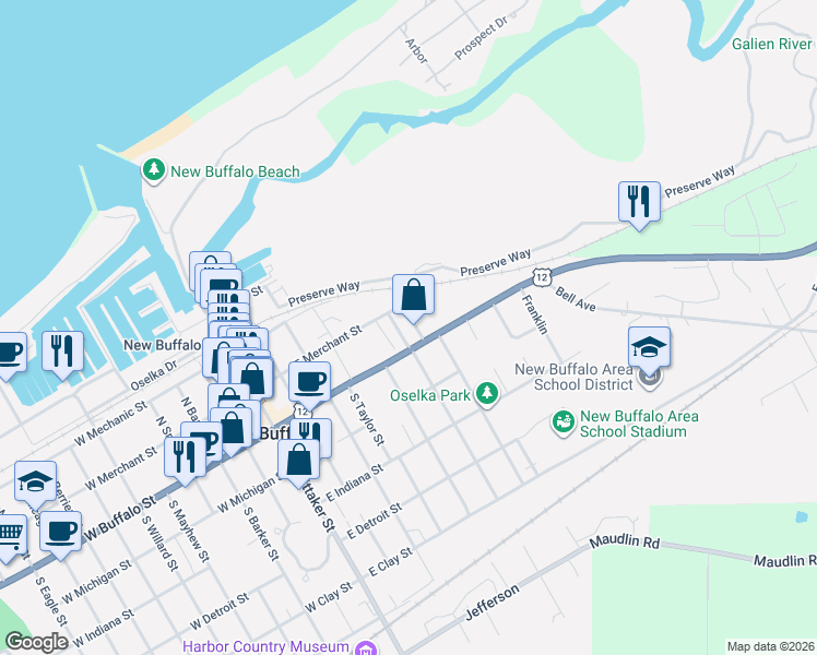 map of restaurants, bars, coffee shops, grocery stores, and more near 427 East Merchant Street in New Buffalo