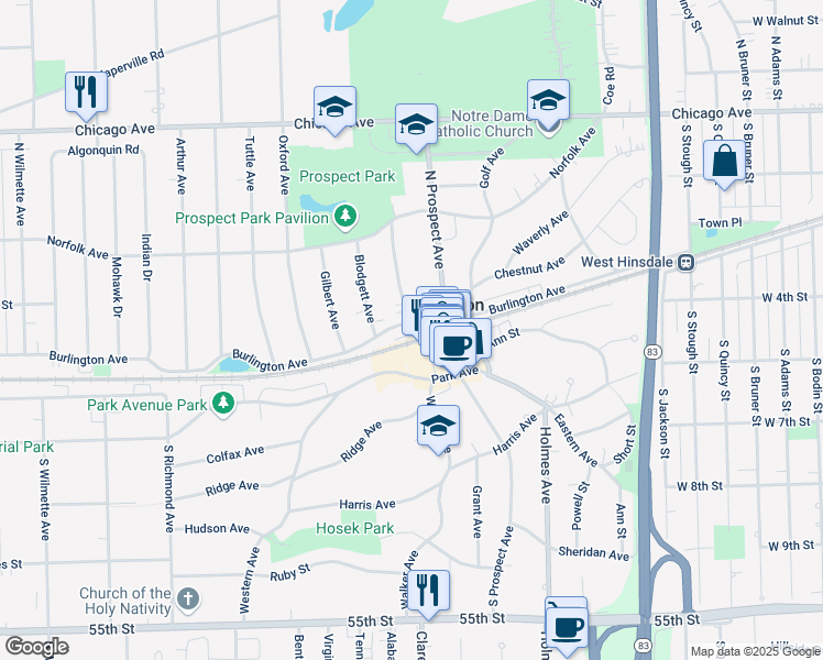 map of restaurants, bars, coffee shops, grocery stores, and more near in Clarendon Hills