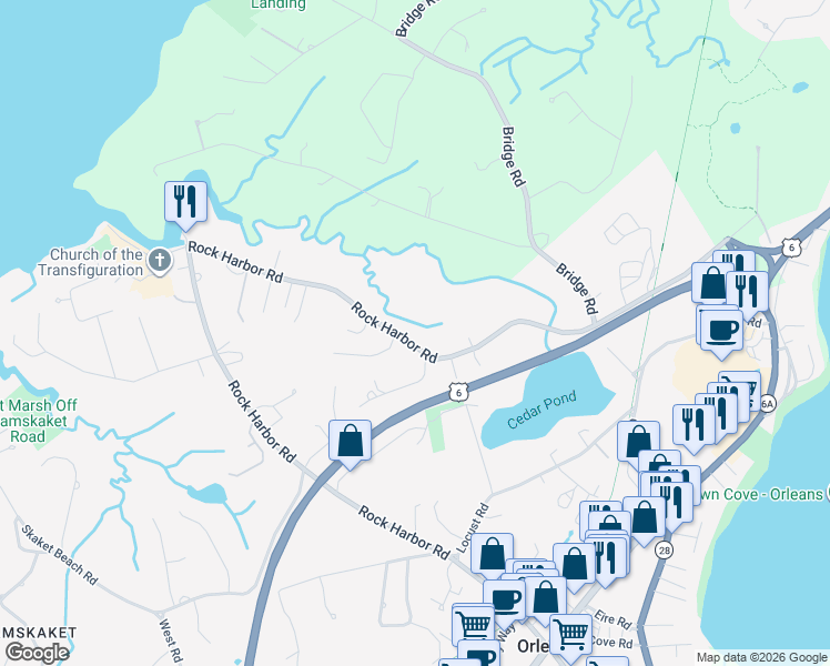 map of restaurants, bars, coffee shops, grocery stores, and more near 175 Rock Harbor Road in Orleans