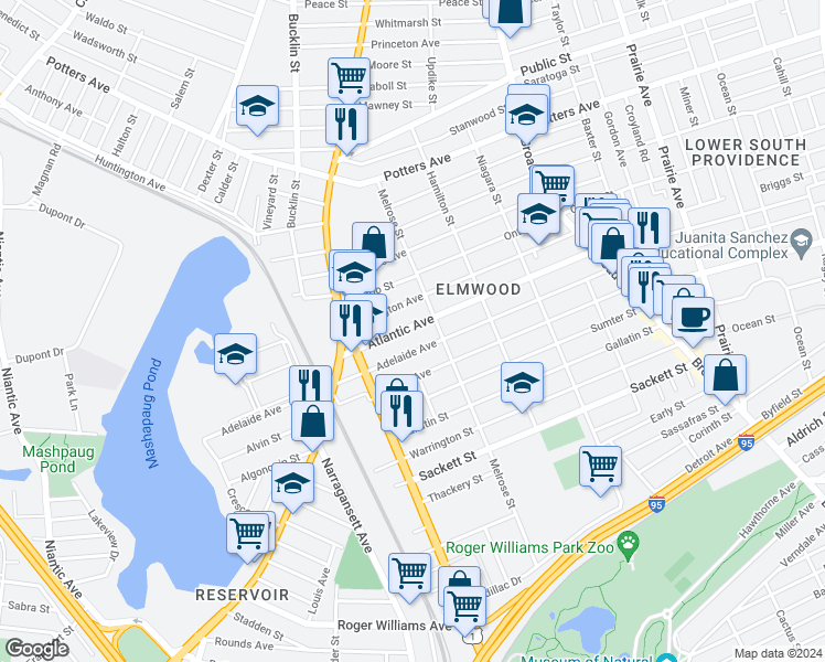 map of restaurants, bars, coffee shops, grocery stores, and more near 192 Atlantic Avenue in Providence