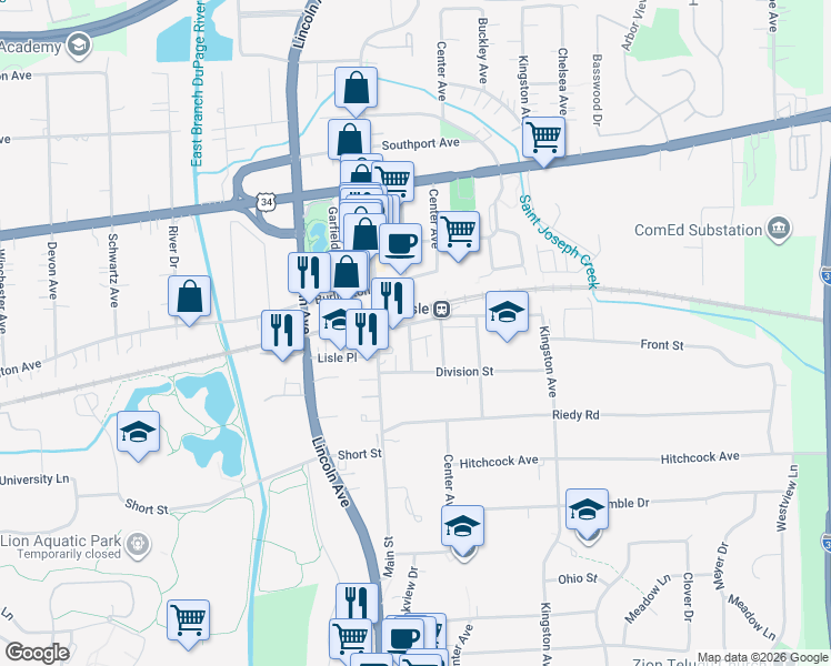 map of restaurants, bars, coffee shops, grocery stores, and more near in Lisle