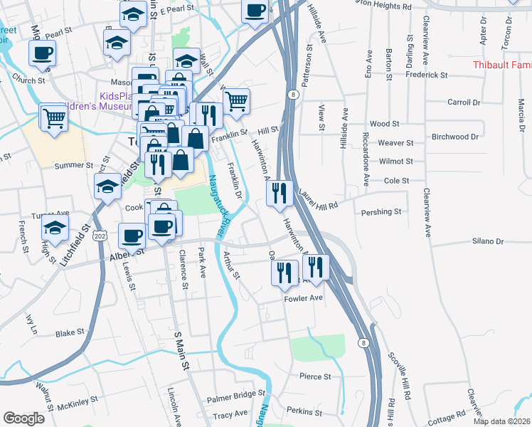 map of restaurants, bars, coffee shops, grocery stores, and more near 164 Harwinton Avenue in Torrington