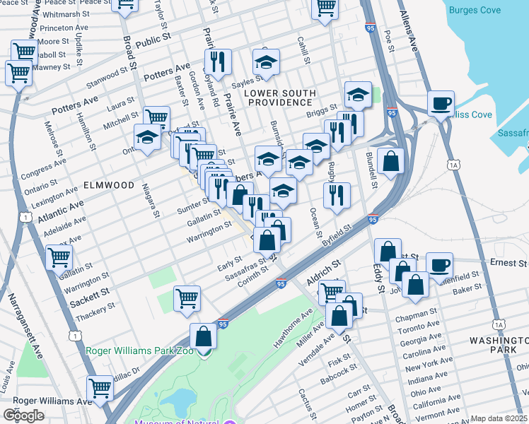 map of restaurants, bars, coffee shops, grocery stores, and more near 674 Prairie Avenue in Providence