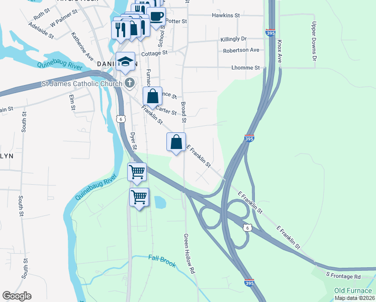 map of restaurants, bars, coffee shops, grocery stores, and more near 14 Green Hollow Road in Killingly