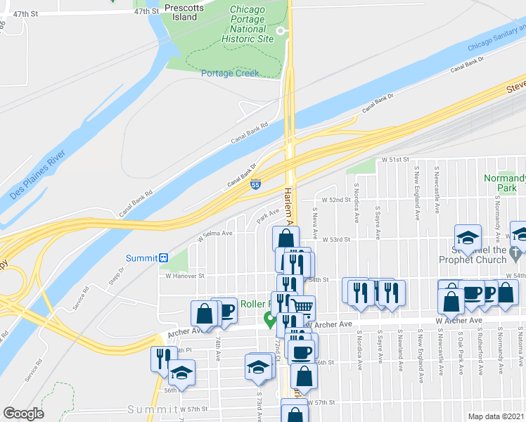 map of restaurants, bars, coffee shops, grocery stores, and more near 7230 Park Avenue in Summit