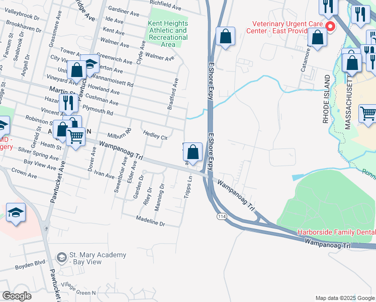 map of restaurants, bars, coffee shops, grocery stores, and more near 250 Boyd Avenue in East Providence