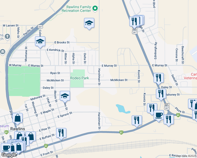 map of restaurants, bars, coffee shops, grocery stores, and more near 18 American Eagle Trailer Park in Rawlins