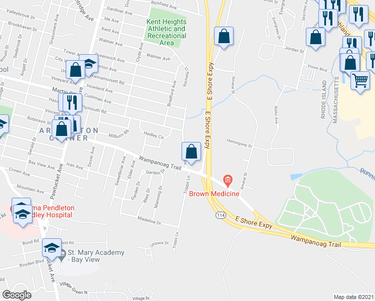 map of restaurants, bars, coffee shops, grocery stores, and more near 239 Boyd Avenue in East Providence
