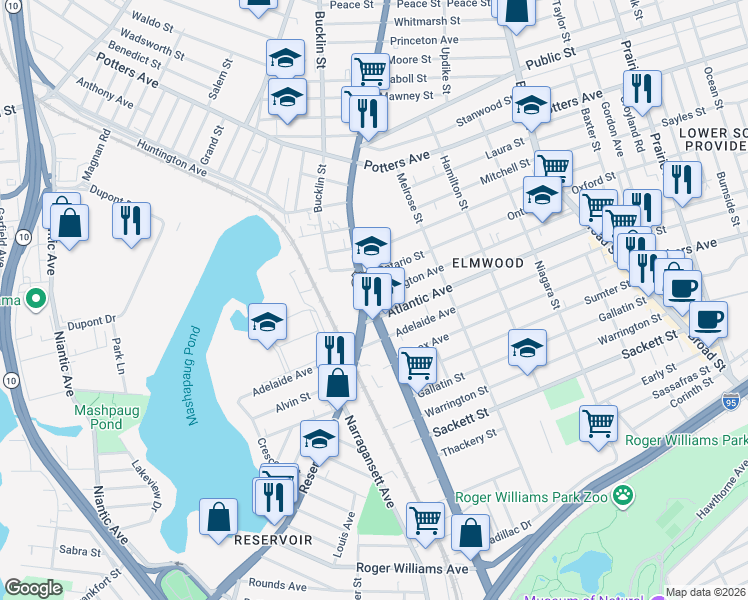 map of restaurants, bars, coffee shops, grocery stores, and more near in Cranston