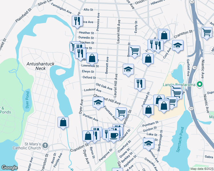 map of restaurants, bars, coffee shops, grocery stores, and more near 36 Cliff Avenue in Cranston