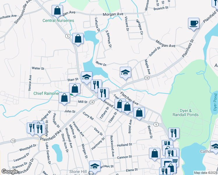 map of restaurants, bars, coffee shops, grocery stores, and more near 76 Bingley Terrace in Johnston