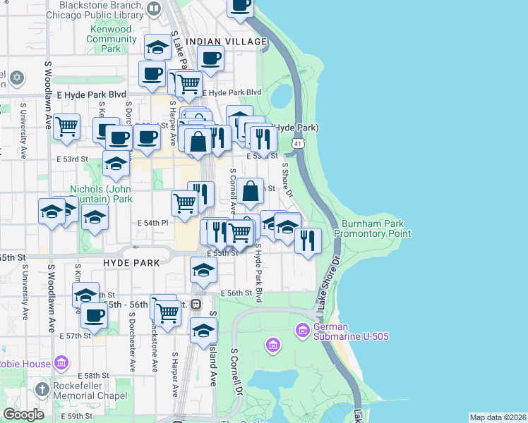 map of restaurants, bars, coffee shops, grocery stores, and more near 5419 South Hyde Park Boulevard in Chicago