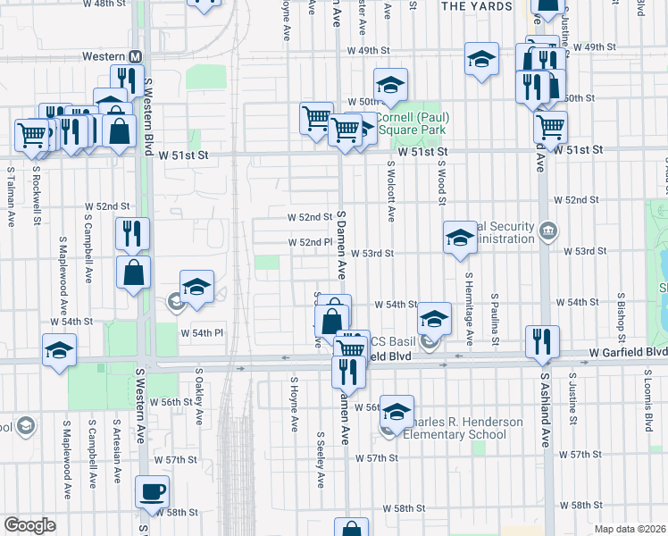 map of restaurants, bars, coffee shops, grocery stores, and more near 5300 South Damen Avenue in Chicago