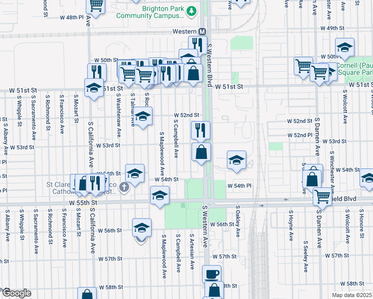 map of restaurants, bars, coffee shops, grocery stores, and more near 5300 South Artesian Avenue in Chicago