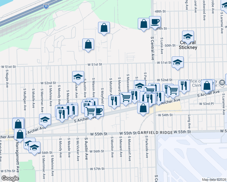 map of restaurants, bars, coffee shops, grocery stores, and more near 5221 South Monitor Avenue in Chicago