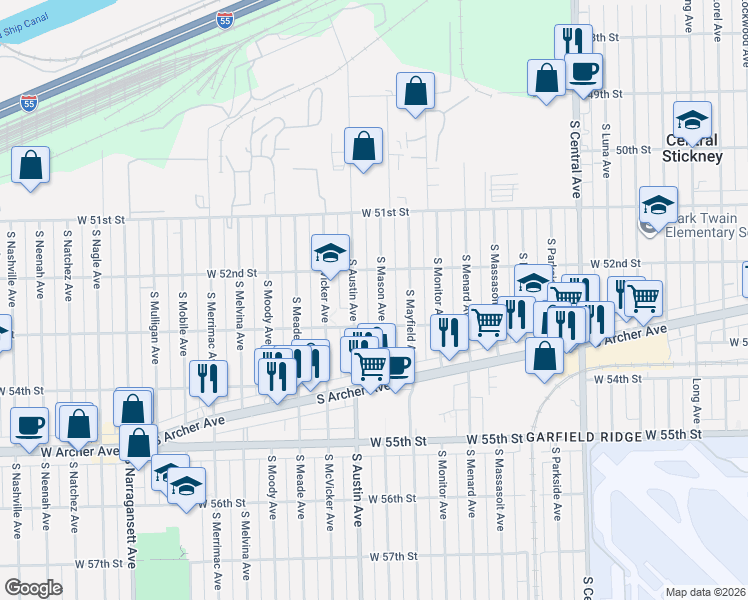 map of restaurants, bars, coffee shops, grocery stores, and more near 5220 South Mason Avenue in Chicago