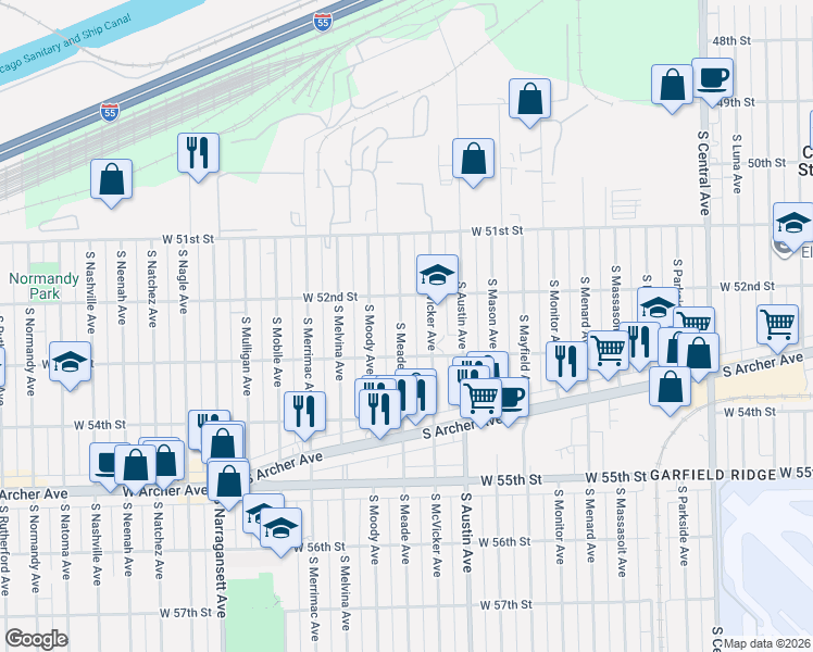 map of restaurants, bars, coffee shops, grocery stores, and more near 5214 South McVicker Avenue in Chicago