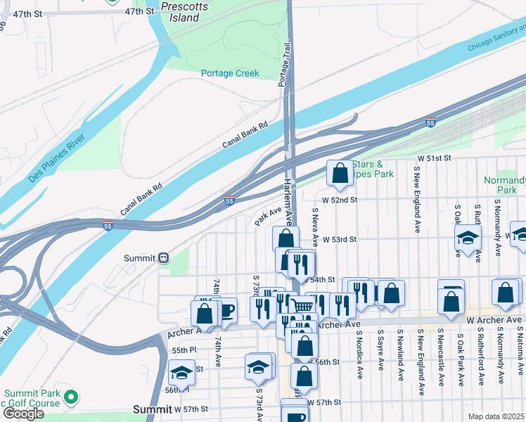 map of restaurants, bars, coffee shops, grocery stores, and more near 7230 Park Avenue in Summit