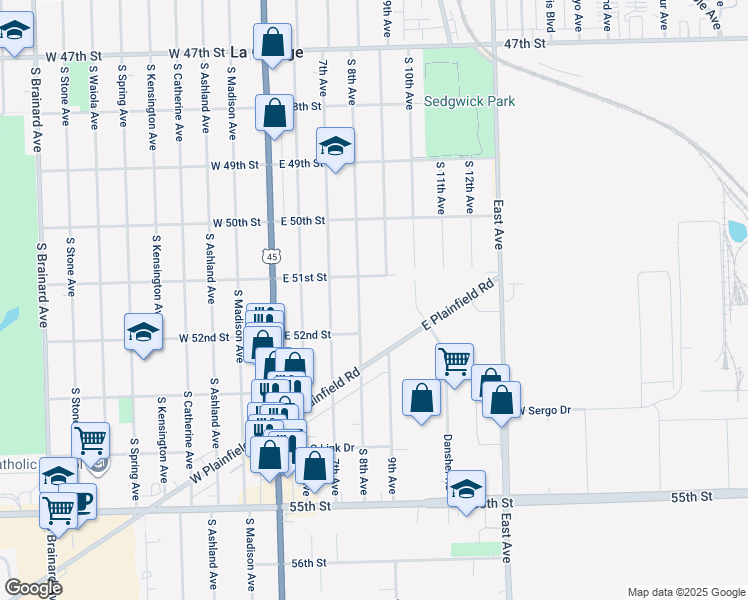 map of restaurants, bars, coffee shops, grocery stores, and more near 5118 Dansher Road in Countryside