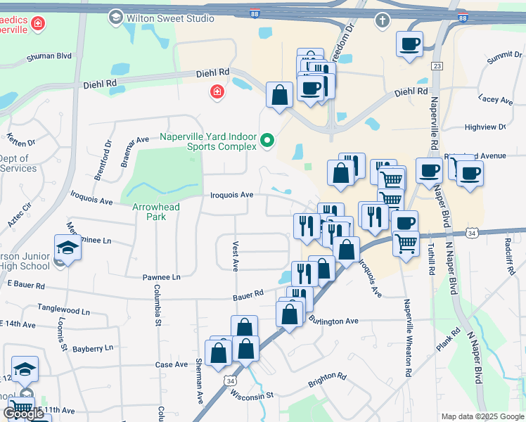 map of restaurants, bars, coffee shops, grocery stores, and more near 1024 Kennebec Lane in Naperville
