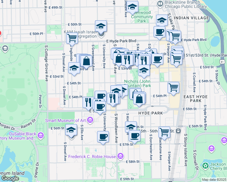 map of restaurants, bars, coffee shops, grocery stores, and more near 5432-5434 South Woodlawn Avenue in Chicago