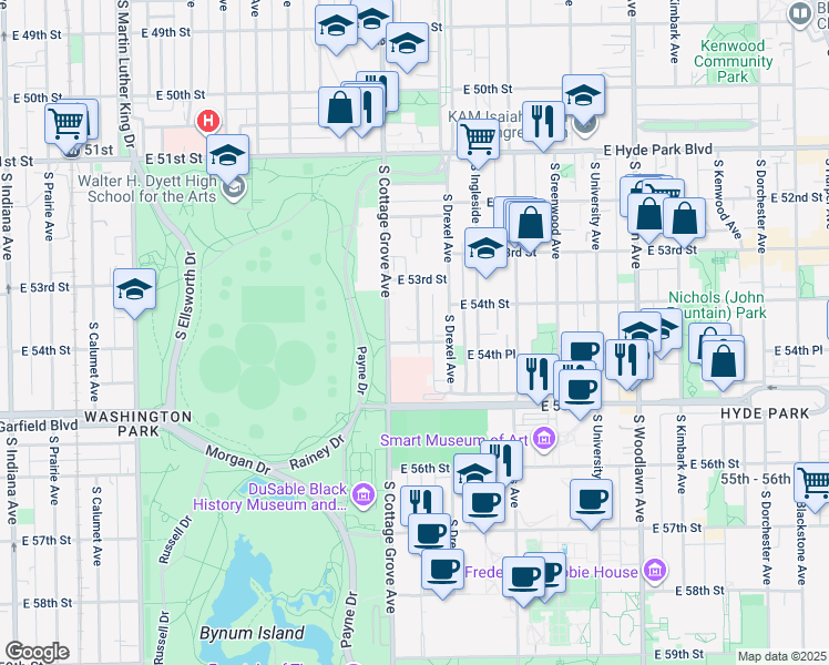 map of restaurants, bars, coffee shops, grocery stores, and more near 5350 South Maryland Avenue in Chicago