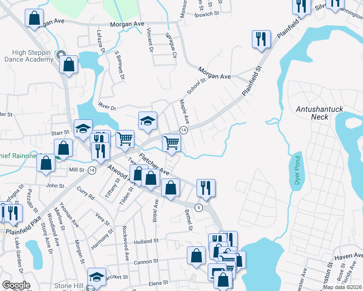 map of restaurants, bars, coffee shops, grocery stores, and more near 75 Pocasset Street in Johnston