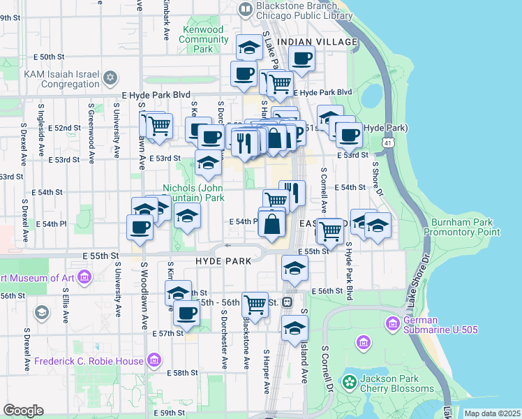 map of restaurants, bars, coffee shops, grocery stores, and more near 5430 South Harper Avenue in Chicago