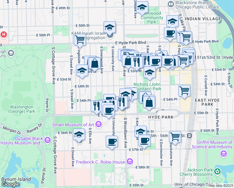 map of restaurants, bars, coffee shops, grocery stores, and more near 5427 South University Avenue in Chicago