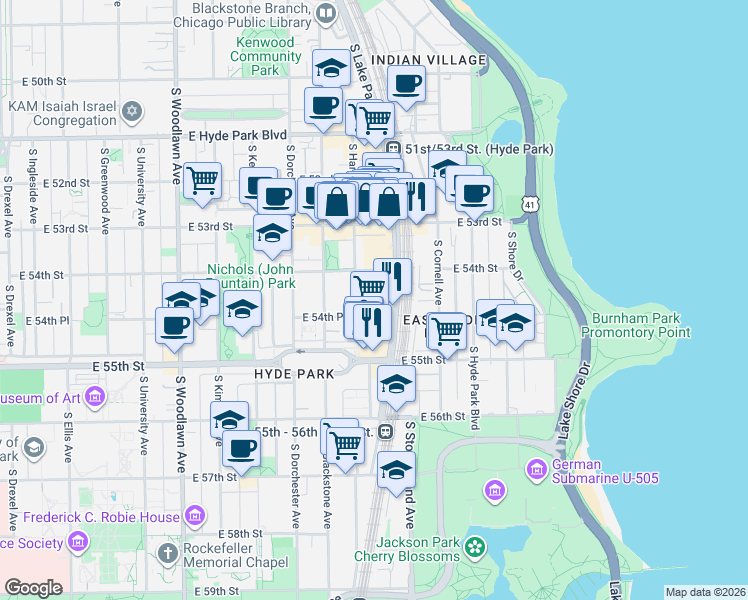 map of restaurants, bars, coffee shops, grocery stores, and more near 5428 South Lake Park Avenue in Chicago