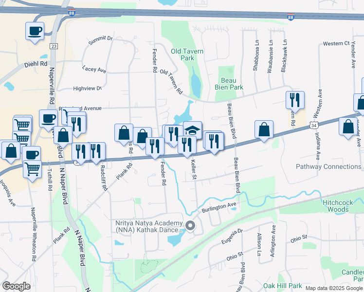 map of restaurants, bars, coffee shops, grocery stores, and more near 4754 Hill Trail Rd in Lisle