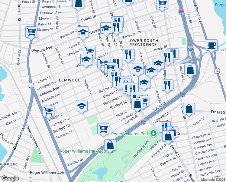map of restaurants, bars, coffee shops, grocery stores, and more near 20 Sumter Street in Providence