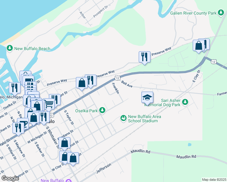 map of restaurants, bars, coffee shops, grocery stores, and more near 25 Franklin in New Buffalo