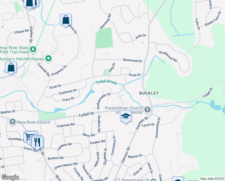 map of restaurants, bars, coffee shops, grocery stores, and more near 88 Ambassador Drive in Manchester