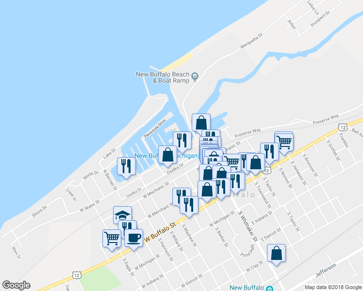 map of restaurants, bars, coffee shops, grocery stores, and more near 255 Light House Landings in New Buffalo