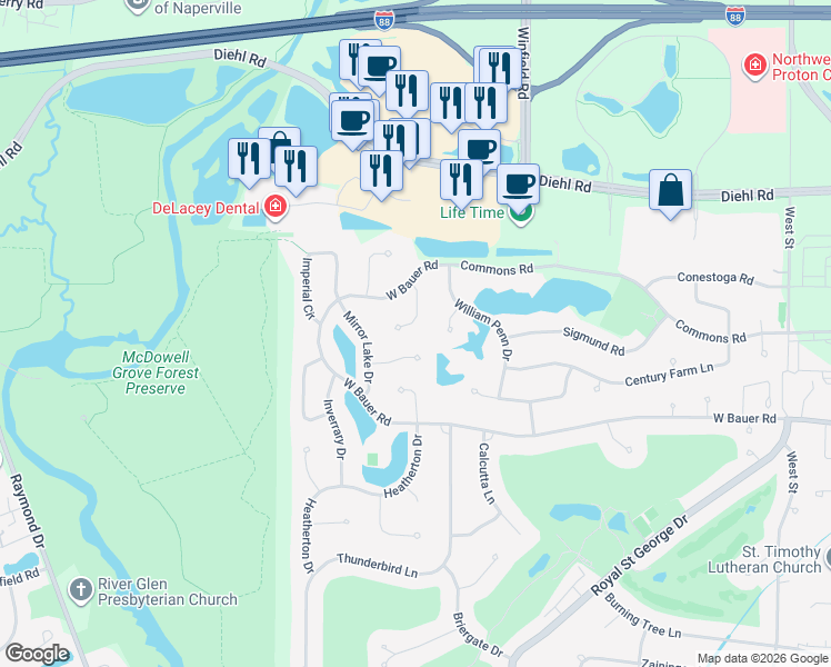 map of restaurants, bars, coffee shops, grocery stores, and more near 1620 Fox Bend Court in Naperville