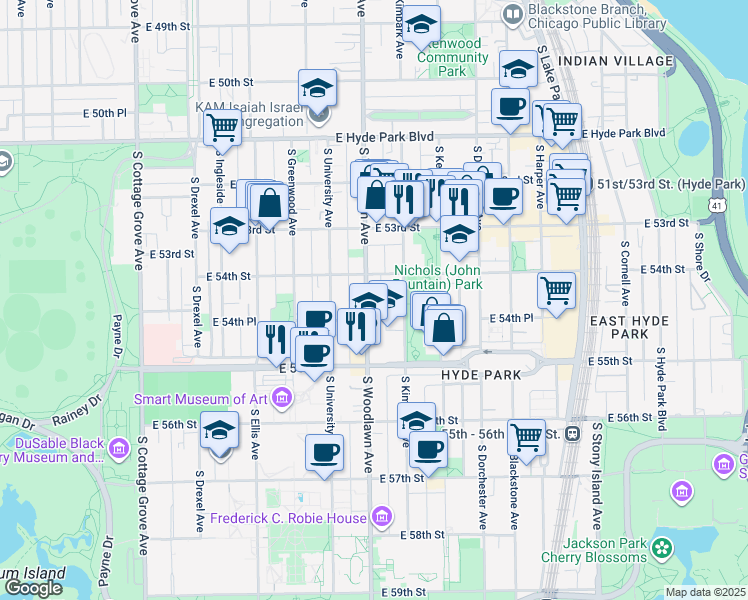map of restaurants, bars, coffee shops, grocery stores, and more near 5429 South Woodlawn Avenue in Chicago