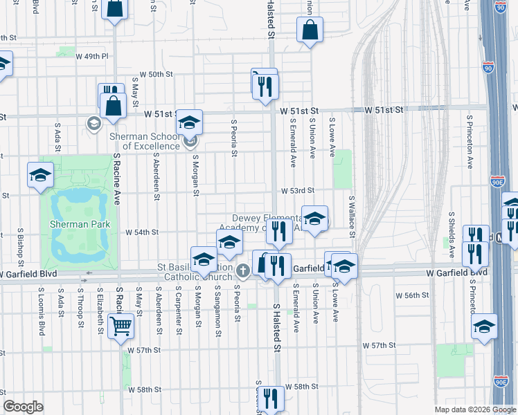 map of restaurants, bars, coffee shops, grocery stores, and more near 831 West 53rd Street in Chicago