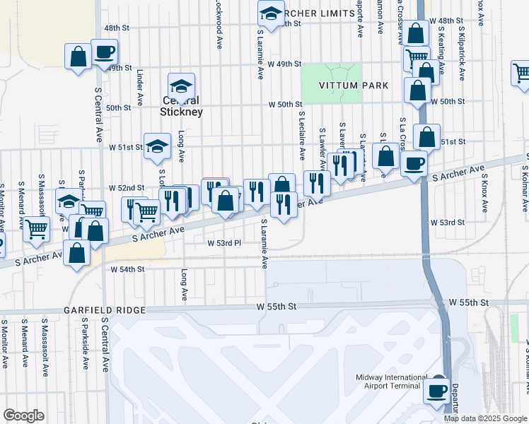 map of restaurants, bars, coffee shops, grocery stores, and more near South Archer Avenue & South Laramie Avenue in Chicago