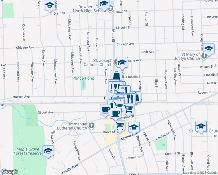 map of restaurants, bars, coffee shops, grocery stores, and more near 4929 Forest Avenue in Downers Grove