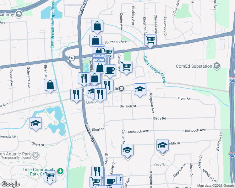 map of restaurants, bars, coffee shops, grocery stores, and more near in Lisle