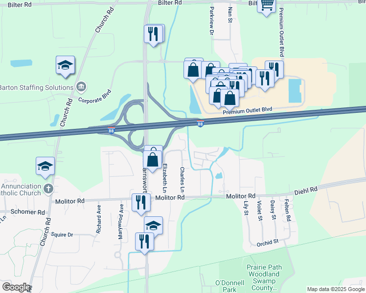 map of restaurants, bars, coffee shops, grocery stores, and more near 2016 Charles Lane in Aurora