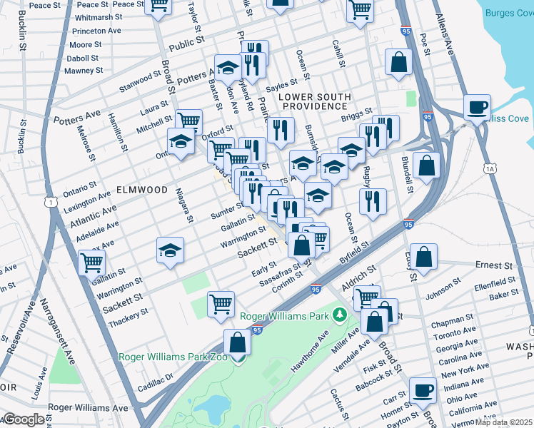 map of restaurants, bars, coffee shops, grocery stores, and more near 986 Broad Street in Providence