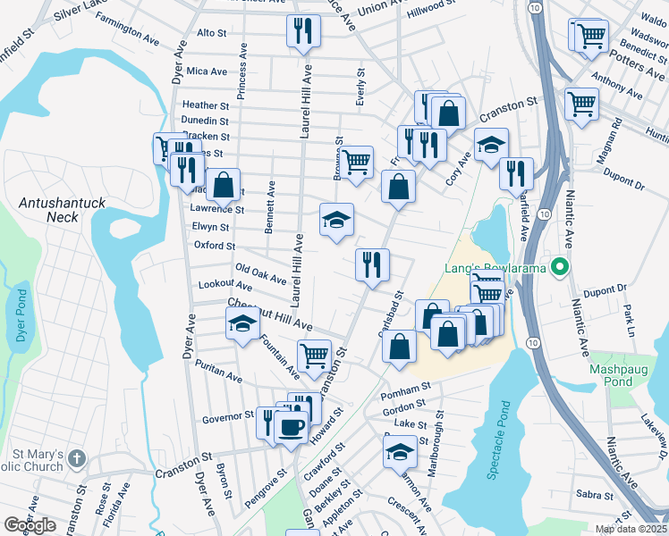 map of restaurants, bars, coffee shops, grocery stores, and more near 70 Oxford Street in Cranston