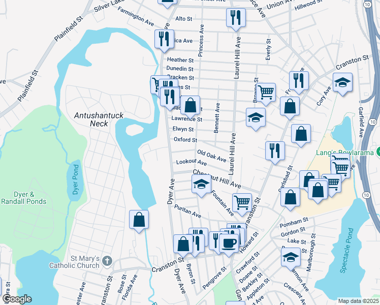 map of restaurants, bars, coffee shops, grocery stores, and more near 265 Princess Avenue in Cranston
