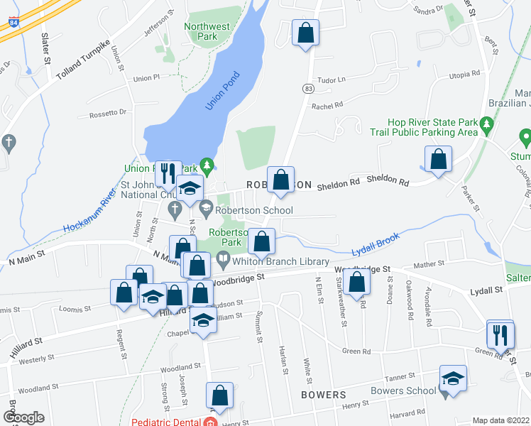 map of restaurants, bars, coffee shops, grocery stores, and more near 107 Oakland Street in Manchester