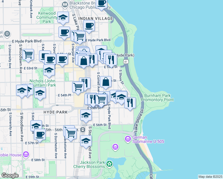 map of restaurants, bars, coffee shops, grocery stores, and more near 5419 South Hyde Park Boulevard in Chicago