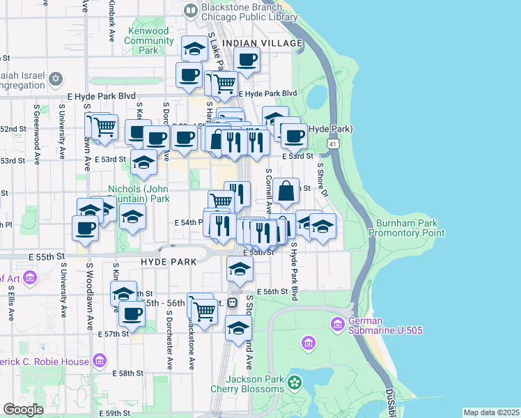 map of restaurants, bars, coffee shops, grocery stores, and more near 5424 South Cornell Avenue in Chicago
