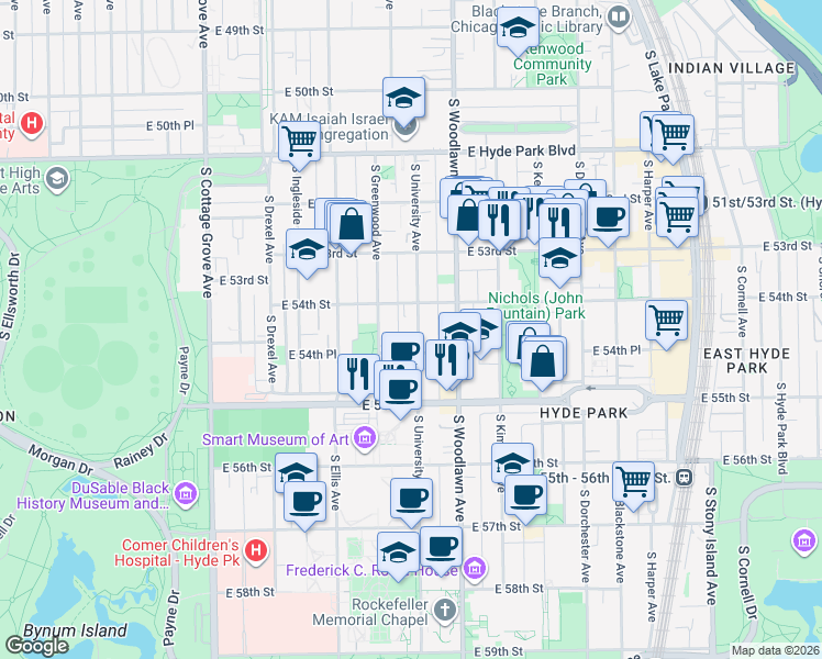 map of restaurants, bars, coffee shops, grocery stores, and more near 5410 South University Avenue in Chicago